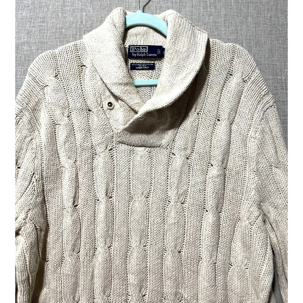 VTG Polo Ralph Lauren Cable Knit Sweater XL Linen Silk Hand Knit Shawl‎ Collar